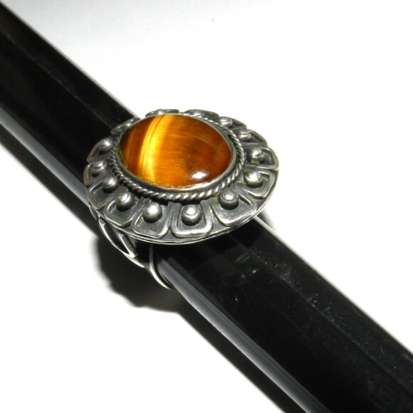 Vintage Taxco Mexico 925 Sterling Silver Tiger Eye Oval Ring Size 6.5 Rare!! - Picture 2 of 14